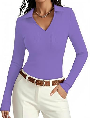 Aottori Maglia Donna Manica Lunga Poloshirt Scollo a V Slim Fit | Maglietta, Aderente, Basic Top, Costine, Elegante, Elasticizzato, Tinta Unita Casual, Business
