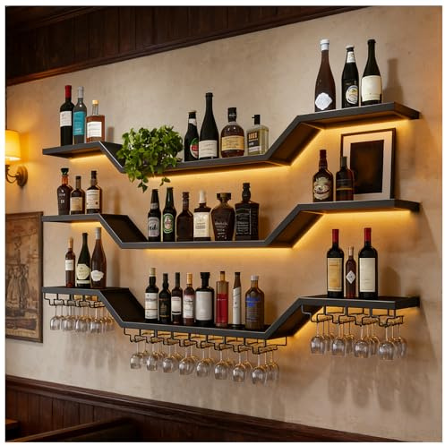 TAUODUYY 3-Tier LED Wall Mounted Wine Rack, Modern Floating Bar Shelves with Wine Glass Rack, 140cm Large Wine Storage Liquor, for Home Bar Dining Room Cafe Decorative (Black, 140cm)