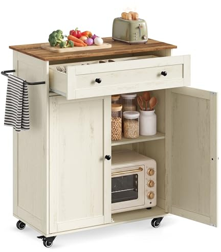 VASAGLE SIREN Collezione - Isola da Cucina con Piano di Lavoro, Carrello con Ruote, Cassetto, Armadietto, Ripiano Regolabile, 40 x 78,5 x 89,2 cm, Bianco Rustico e Marrone Miele KKI009WJ01