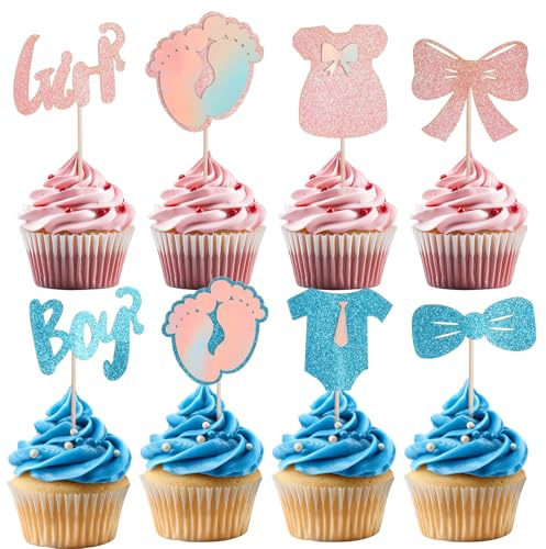 32 Pcs Boy or Girl Cupcake Toppers, Glitter Gender Reveal Cupcake Toppers, Onesie Jumpsuit Footprint Bow Tie Cupcakes Picks, Baby Shower Kids Birthday Party Cake Decorations Supplies