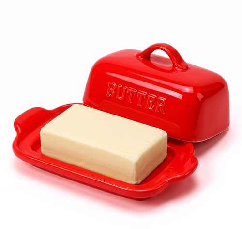 ADIVEE Porcelain Butter Dish with Lid for 250g Butter Block | Red Butter Storage Container for Kitchen Counter, Butter Holder, Gift for Mother’s Day, Housewarmings and Christmas.