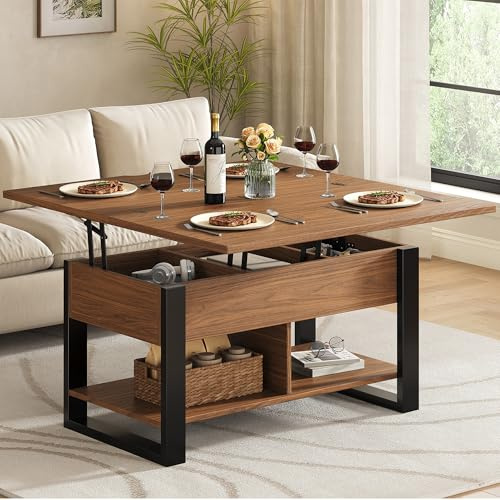 Hizyrina Couchtisch Höhenverstellbar und Ausziehbar, 4-in-1 Wohnzimmertisch Höhenverstellbar Holz, Rechteckiger Couchtisch Aufklappbar mit Stauraum, Wandelbar zum Esstisch, Nussbaum Braun