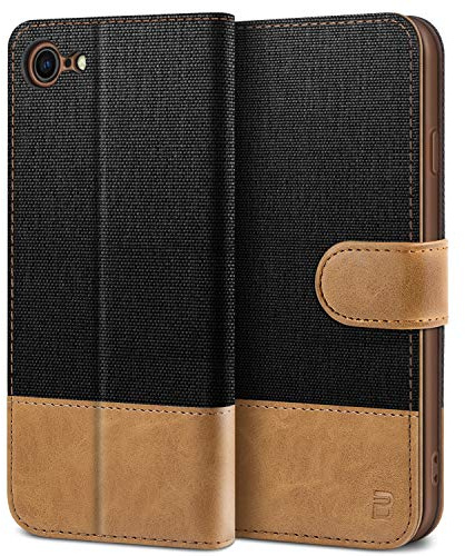 BEZ Hülle für iPhone 7 Hülle, Hülle für iPhone 8 Hülle Klappbar, Handyhülle Kompatibel für iPhone 7, iPhone 8 - Schutzhülle Tasche [Stoff und PU Leder] mit Kreditkartenhaltern - Schwarz