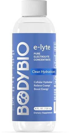 BodyBio e-Lyte Électrolytes pour Hydratation, Énergie et Soulagement des Crampes, Sans Sucre ni Arômes Artificiels 4 Fl oz