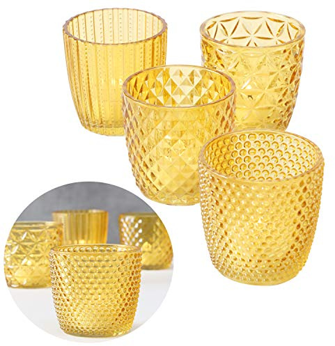 LS-LebenStil 4X Glas Teelichthalter Retro Gelb 7cm 4´er Set Kristall Ornament Teelicht-Gläser Windlicht-Halter Kerzenständer Tischdeko Kerzen Deko Kerzenhalter für Teelichter Hochzeit