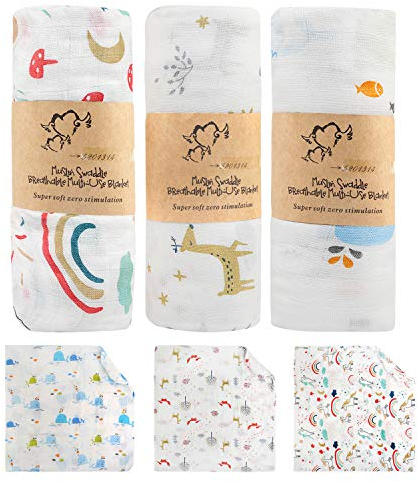 BelleStyle Muslin Swaddle, Soft Bamboo Cotton 120cm x 120cm Large Baby Swaddle Wrap Receiving Blankets for Newborns Infant Shower Gift Set - 47x 47, 3 Pieces