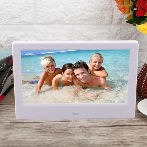 VBESTLIFE Digitaler Fotorahmen, weißer 7-Zoll-IPS-Bildschirm 1024 x 600 16: 9 Elektronisches Album mit Körpersensor, mit Videos/Bildern/Musik/Uhr/Kalenderfunktion(EU-Stecker)