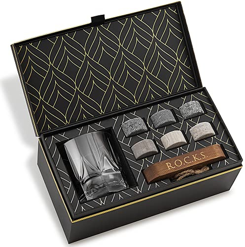 Whiskey Steine & Umweltfreundliches Kristall Whisky Glas Geschenkset - 6 Handgefertigte Runde Granit Kühlsteine - Whiskey Glas Imperial aus Europa (355 ml) - Tablett aus Hartholz - Geschenkbox