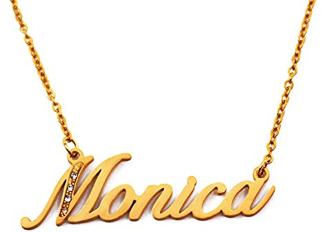 Kigu Collar con nombre Monica – tono dorado – Collar personalizado con nombre – Joyería personalizada para mujer – Joyería personalizada para niñas – Colgante personalizado Monica, Oro, Circonia