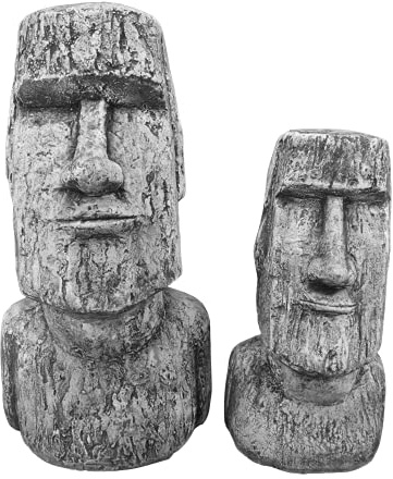 gartendekoparadies.de Set mit Zwei Moai-Stein-Statuen, Steinfigur, H. 55/41 cm, 36 kg / 16 kg, Grau, frostsicher aus Steinguss für Außenbereich