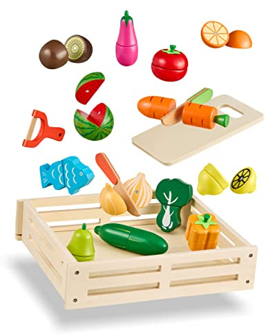 Balinco Kinderküche Zubehör, Kaufladen Holzspielzeug, Magnetisches Obst & Gemüse zum Schneiden aus Holz, Schneide-Set Kinder, Montessori Spielzeug