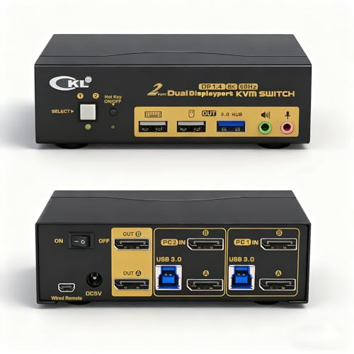 CKL 2 Port USB 3.0 KVM Switch Dual Monitor DisplayPort 1.4 4K@144Hz 8K@30Hz for 2 Computers, PC Screen Keyboard Mouse Peripheral Audio Sharing Selector Box, with All Cables (622DP-4)