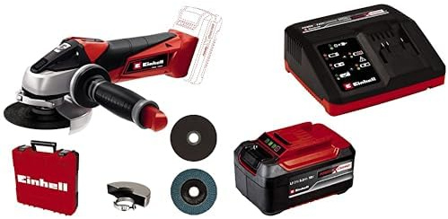 Einhell Amoladora angular con batería TE-AG 18/115 Li-Solo Acc Power X-Change (18 V, 115 mm diámetro de disco, 28 mm profundidad de corte, arranque suave, incl. disco,)+ Starter Kit 5,2Ah
