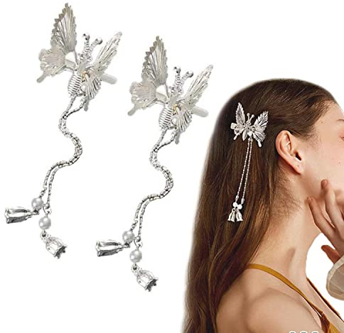 Elegante Schmetterling Haarnadel, Schmetterling Haarspange Perle Haarkamm Clip, bewegliche Schmetterling Haarspangen, Antike Seitenclip, Braut Haarschmuck für Damen und Mädchen (Silber-2 Stück)