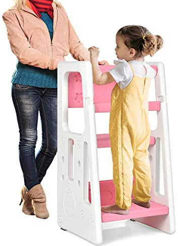 DREAMADE Verstellbarer Lernturm, Kinderhocker aus HDPE, Trittschemel mit 3 Stufen & Anti-Rutsch-Funktion, Einstellbarer Küchenhelfer, Tritthocker für Baby & Kleinkinder von 18-60 Monate (Rosa + Weiß)
