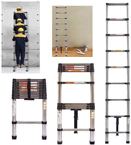 2.6M/8.5FT Telescopic Ladder Extension Ladder Stainless Steel Multi Purpose Loft Ladder 150kg Capacity, Folding Tall Ladder for Household Decorating, Painting