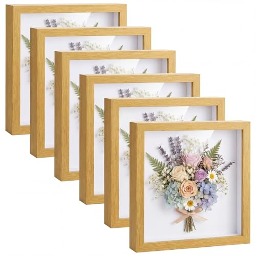 Tuanse 6 Pieces Shadow Box Picture Frame Square Shadow Boxes Display Cases for Sports Memorabilia Wedding Memories Crafts Pins Awards Medals Tickets and Photos(Wood Color,8 x 8 Inch)