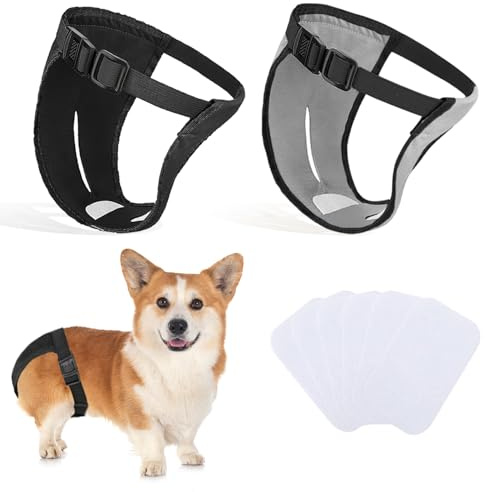 2er-Pack Hundehosen, Hundewindeln mit 6 Damenbinden, verstellbare Schutzhose für Hündinnen bei Hitze, monatliche Blutungen, wiederverwendbar, waschbar, Hygienehose für Hunde (M-schwarz&grau)