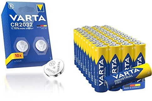 VARTA Batteries Electronics CR2032 Lithium button cell 3V battery 20-pack, Button cells in original blister pack of 1 & Industrial Pro AA Mignon alkaline batteries, LR6-40-pack, made in Germany,