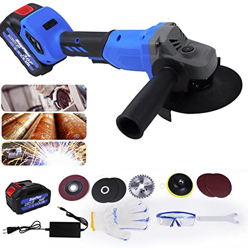 Amoladora angular profesional con batería de 21 V y 3,0 Ah y cargador, amoladora angular sin escobillas, diámetro de 115 mm, 10000 rpm, mango adicional y cuchillas funcionales, para cortar y pulir