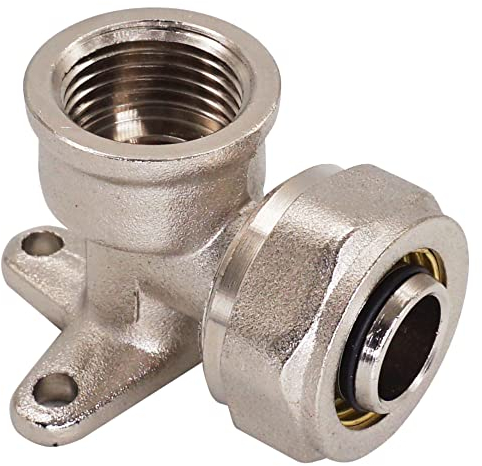 SKIR'CO (1 pezzo) Gomito per tubo a compressione 20 mm x 1/2 con piastra a parete, raccordo a compressione in ottone nichelato, filettatura femmina