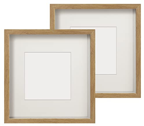 Anhow 2 stycken 3D-fotoram 23 x 23 cm (djup 3 cm), djupa ramar med beige passepartout, påfyllningsbar objektram för medaljer, blommor, souvenirer - trä
