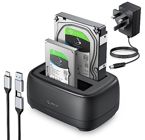 ORICO External Hard Drive Dock Duplicator/Cloner SATA to USB C for 2.5”/3.5” Seagate Samsung WD Crucial SanDisk SSD HDD, Dual Drive Bay 44TB for PS5 Xbox PC Laptop Devices with Power Adapter(DD28C3-C)
