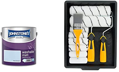 Johnstone's - Washable Paint - Blue Horizon - Matt Finish - Emulsion Paint - 12m2 Coverage per Litre - 2.5L & Coral 10501 Paint Kit with Headlock and Mini Roller Frame and Hybrid Brush, Set of 12 Pcs