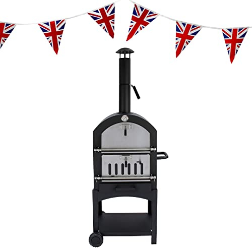 Outdoor-Pizzaofen, tragbarer Holzkohlegrill, Pizza-Maker, Kamin-Entlüftung, Temperaturanzeige, Regal und Union Jack-Wimpelkette, 25 dreieckige Flaggen, 10 m, doppelseitig, gratis Pizzaschieber, Stein,