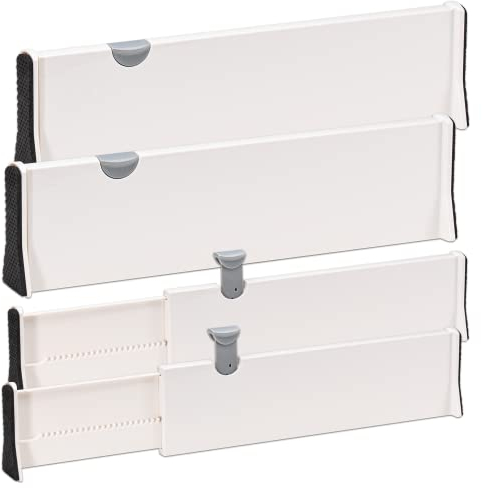BillyBath Divisori per Cassetti Organizer Cassetti Separatori per Cassetti Divisori Cassetti Regolabili Separatore Cassetti Caricati a Molla per Cucina Comò Bagno Camera da Letto 38-54cm Set di 4