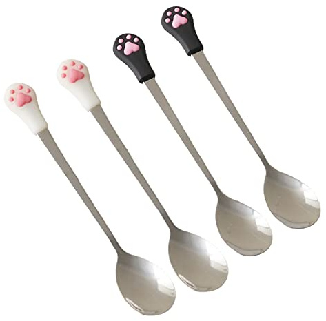 FSSTUD 4 Stück Edelstahl Rührlöffel Katzenpfote Kaffeelöffel Eiscreme Dessertlöffel Kaltgetränk Teelöffel Hund Katze Dose Futterlöffel für Zucker