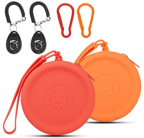 WALLFID Silicone Dog Treat Pouch, 2PCS Pet Walking Bag for Dogs and Cats - Pocket Size, Easy to Clean, Odorless, Zipper Design, Moisture-proof, Portable Training (Orange & Red)