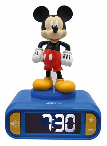 LEXIBOOK, Disney, Mickey Nightlight alarm clock Age 3+, Sounds and Melodies, LCD Backlit screen, Luminous, Snooze, Blue, pequeño