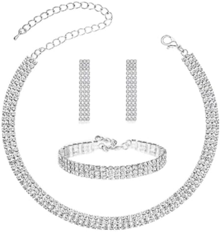 Tatibana 3 Pieces Women Jewelry Set Rhinestone Crystal Bride Statement Choker Necklace Crystal Bracelet Dangle Earrings for Wedding Party