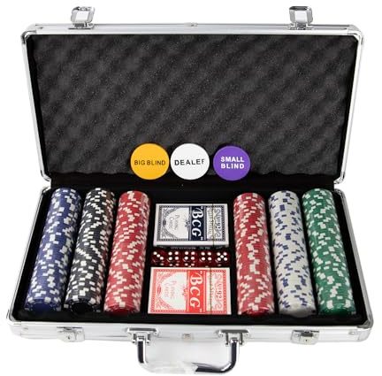 various-Juego de 300 Piezas en Caja de Aluminio con fichas de póquer de 11,5 g, 2 Barajas de Cartas de Juego de Distribuidor de Botones Ciegos Grandes y pequeños y 5 Dados