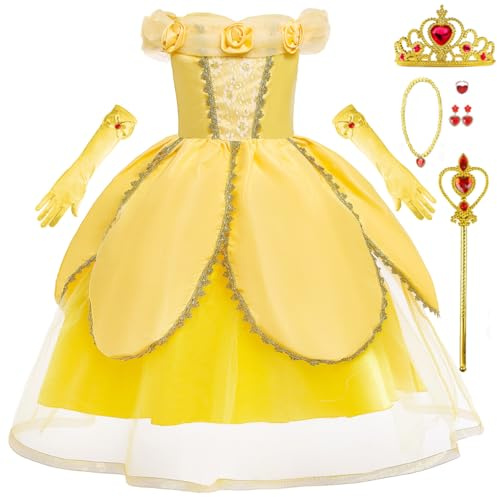 Tyidalin Disfraz Princesa Niña Vestido Princesa y Bestia con Accesorios Amarillo para Carnaval Cumpleaños Navidad Halloween