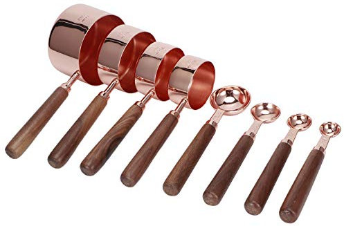 Rose Gold Measuring Spoon Set, Durable Stainless Steel with Wood Handles for Kitchen Baking