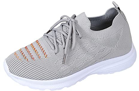 BOTCAM Mode Frühling und Sommer Damen Sportschuhe Flacher Boden Leichte Fliege Gewebtes Mesh Atmungsaktiv Gestickte Streifen Schnüren Bequem Damenschuhe 42 5 (Grey, 42)