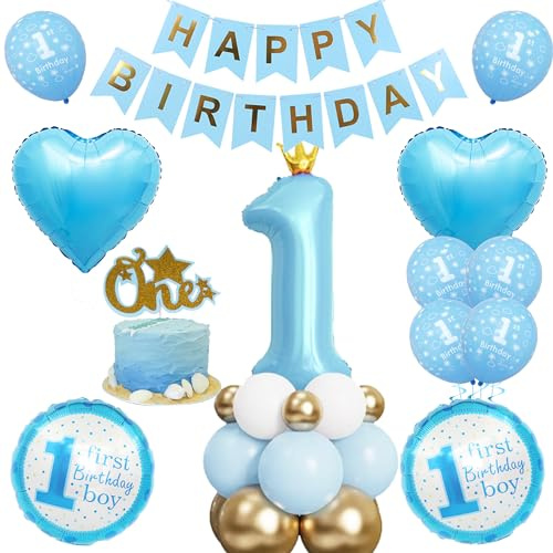 Blau 1. Geburtstag Deko Junge - 47 Stück 1. Geburtstagsdeko, Happy Birthday Banner, Blaue Krone Zahl 1 Ballons, Kuchendekoration, Blauer Liebesfolienballon für Jungen Kindergeburtstag Babyparty Deko