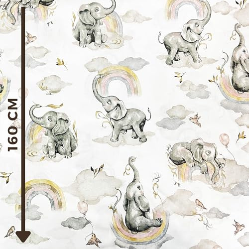 Textrend Baumwollstoff - Stoff zum Nähen - 100% Baumwolle - Textilien 1x1.6m - Stoffe Meterware - Elefanten-Muster (Elefanten grau-beige mit Regenbogen auf weißem Hintergrund)