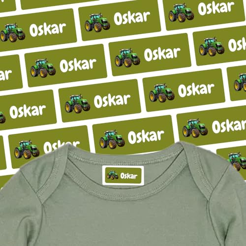 Namensaufkleber für Klamotten & Textilien (35 Sticker) – Aufkleber mit Name und Traktor für Shirts oder Hosen – Ideal für Schule und Kindergarten – Wasserfest, Spülmaschinenfest, 30 x 13 mm