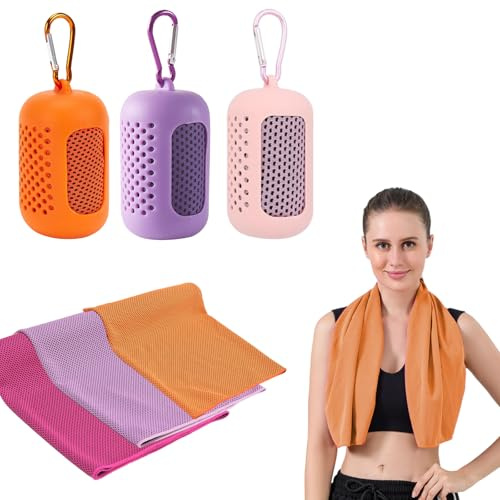 dogmoon kylande handdukar, 3 stycken snabbtorkande sporthandduk med bärbara silikonfodral, kylhanddukar, sporthandduk, mikrofiber för fitness, utomhussporter, (30 x 90 cm, 3 färger)