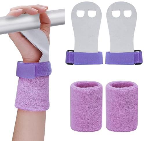 Abeillo Turnen Griffpads mit Armbändern für Kinder, Griffpads Kinder, Cross Training, Gymnastik, Hand Grips Leder Trainingshandschuhe und Handgelenk Bandagen Fitness Set für Mädchen Jungen (Lila, M)