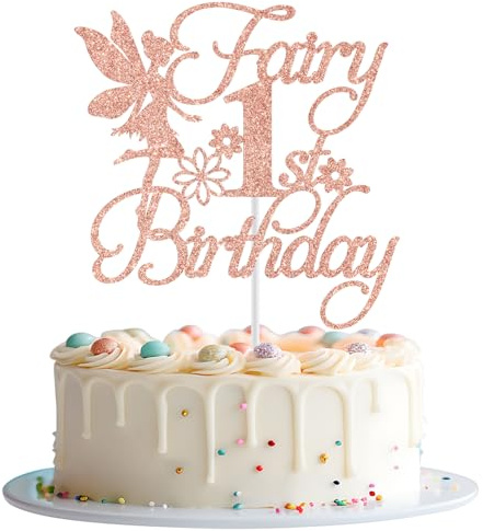 Fairy 1st Birthday Cake Topper, Fairy First Birthday Decorations, Girls 1st Birthday Cake Decor, Floral Fairy Baby Shower Birthday Party Decorations, Rose Gold Glitter