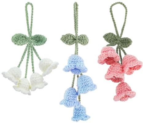 Laroal 3Pcs Crochet Bluebell Flower Pendant Hand Knitted Car Pendant