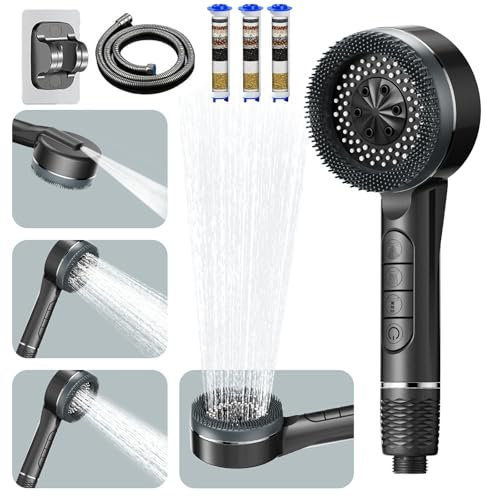 Shower Head High Pressure for Clean Tub & Pet, 4 Spray Modes Shower Heads with 1.5M Hose and Holder, Handheld Massage Powerful Showerhead with ON/Off Switch for Residual Chlorine Remove, Dark Gray