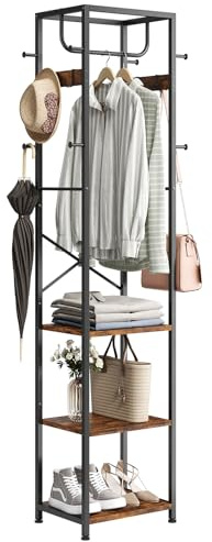 ELYKEN Coat Rack Freestanding, Hall Tree with 3 Storage Shelves and 12 Hooks, Metal Clothes Rack Stand Organizer for Bedroom, Hallway, Entryway, Office, Living Room, Rustic Brown