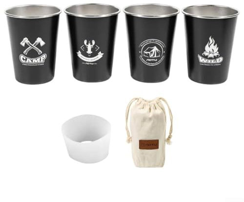 Lot de 4 tasses de camping empilables en acier inoxydable 304 avec sac de transport, pour randonnée, pique-nique, voyage, 350 ml, noir