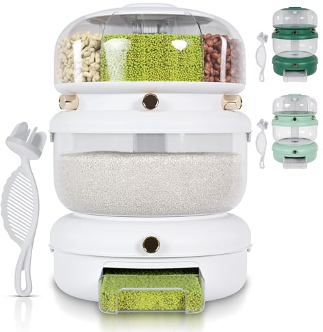 Rice & Multi-Grain Dispenser – Airtight 3-in-1 Rotating Food Storage with Strainer, Holds Up to 22 lbs (12 lb Bulk + 6 Compartments)