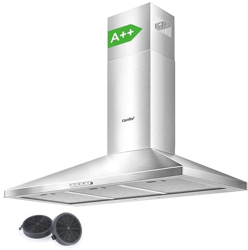 COMFEE' 90 cm Chimney Cooker Hood Class A++ Extractor Hood with LED and Recirculating & Ducting System Wall Mounted Range Hood 900 mm Extractor Fan kitchen with Carbon Filters